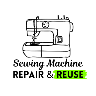 Company logo showing sewing machine with the words Sewing Machine Repair & Reuse